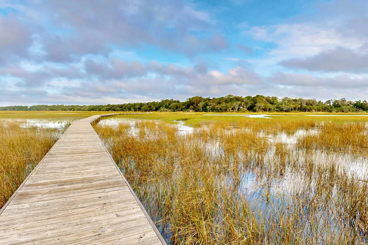 A custom wooden boardwalk extends out over lush green marshland, with the distant trees and golden light hinting at sunset. The boardwalk invites walking, birdwatching, or enjoying moments of reflection while immersed in the serenity of the marsh environment.